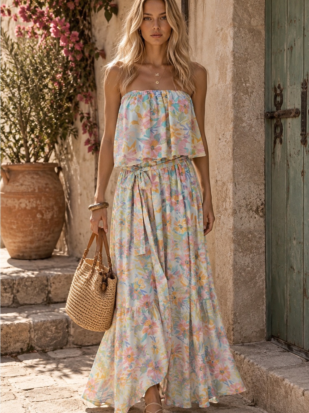 Pastel Floral Strapless Maxi Dress